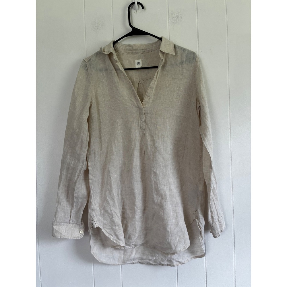Gap Women Beige 100% Linen Long Sleeve Split Neck Tunic Shirt XS